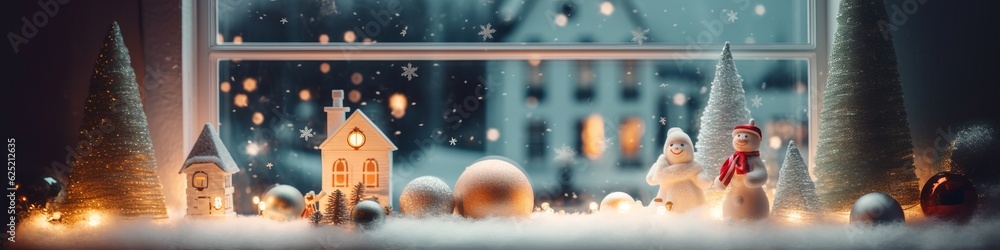 happy xmas holiday background decorative christmas ornament element tree snow home model arrange near window with snow outside celebrate festive concept,ai generate happy xmas holiday background decorative christmas ornament element tree snow home model arrange near window with snow outside celebrate festive concept,ai generate