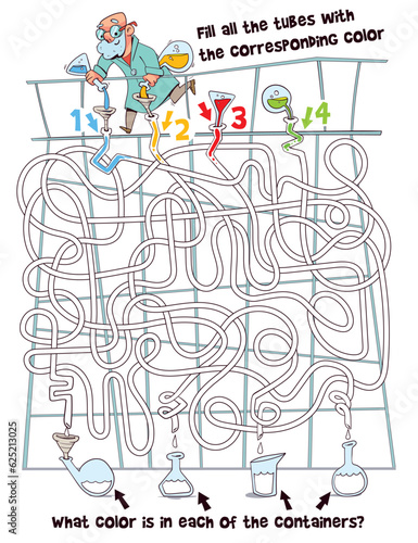 Scientist in lab is pouring colorful solution into tubes. Children logic game to pass maze. Educational game for kids. Attention task. Choose right path. Funny cartoon character. Worksheet page