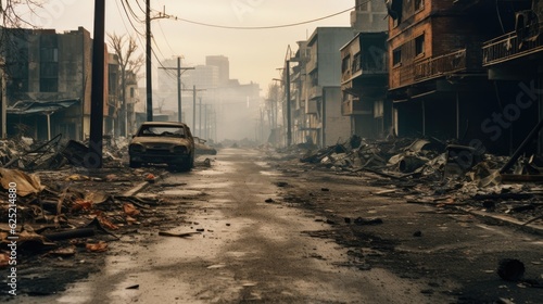 Burned City Street with No Life in Apocalyptic Scene generative AI.