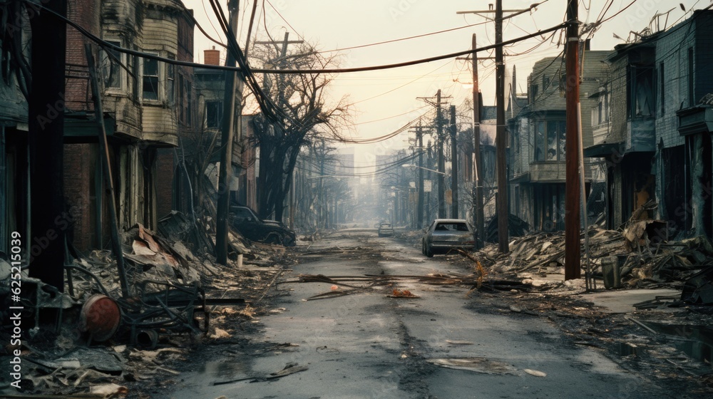 Burned City Street with No Life in Apocalyptic Scene generative AI. Burned City Street with No Life in Apocalyptic Scene generative AI.