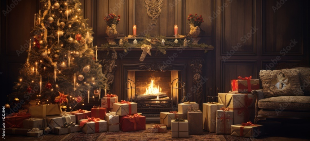 Captivating holiday atmosphere with glowing Christmas tree and fireplace.