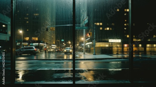 Rainy City View through Glass Window on 35mm Film generative AI