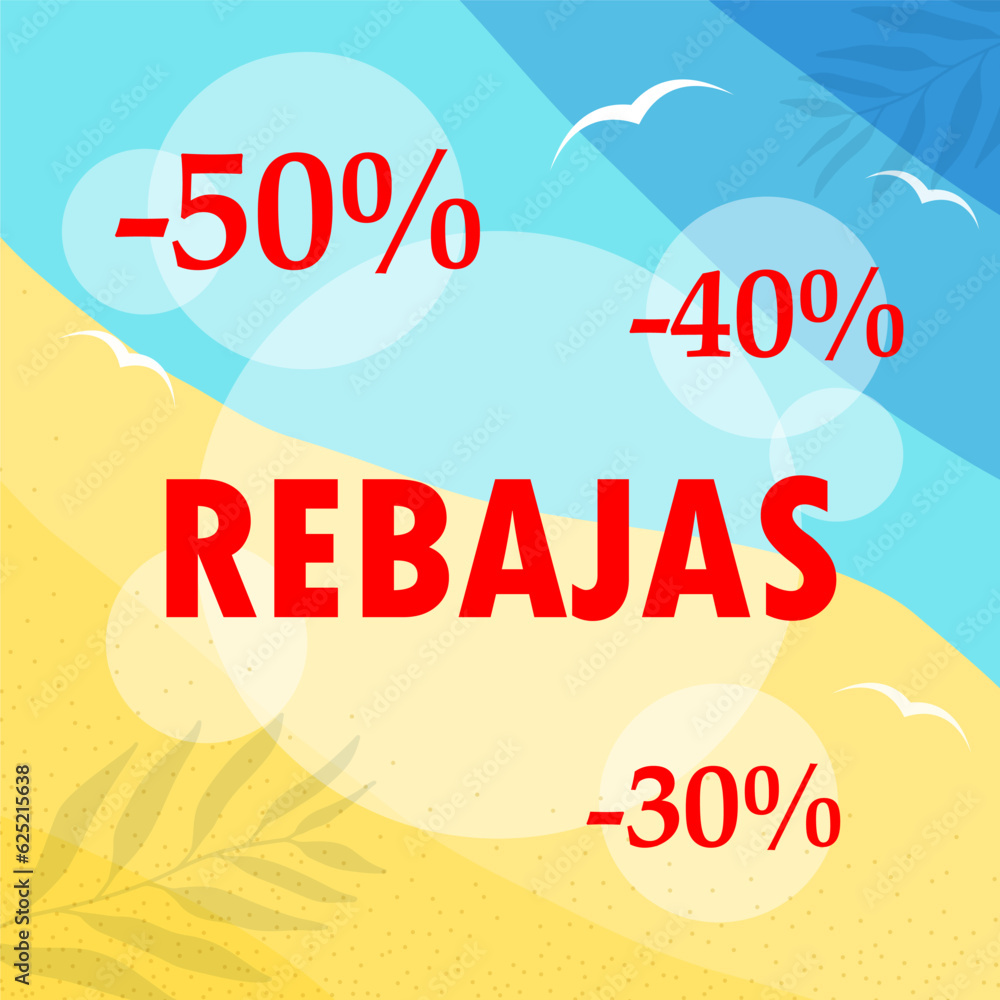 Vector square summer seasonal discount template, Sale in Spanish language Rebajas. Sea or ocean and sandy beach background with palm leaves and discount percentage for post in social media.