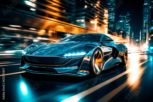 High speed sports car driving in the city streets. AI generated. © graja