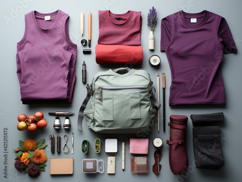 A variety of items laid out on a table. Generative AI. Outdoor and adventure clothing brand, various items, knolling, top view, flat lay overhead.