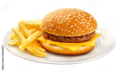 prato com hambúrguer com queijo no pão com gergelim acompanhado de batatas fritas isolado em fundo transparente - cheeseburger com fritas 