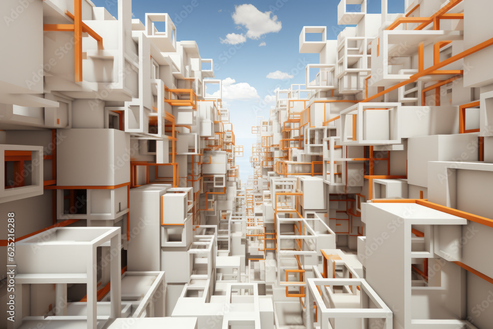 A very tall building with lots of white and orange boxes. Generative AI. A very tall building with lots of white and orange boxes. Generative AI.