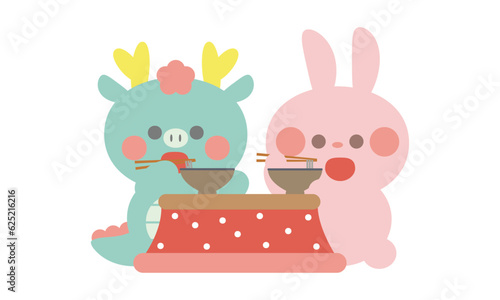 こたつで年越しそばを食べるうさぎと辰（龍）