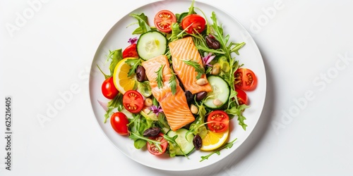AI Generated. AI Generative. Salmon fresh vegetables salad. Dinner food meal cuisine photo illustration. Graphic Art © AkimD