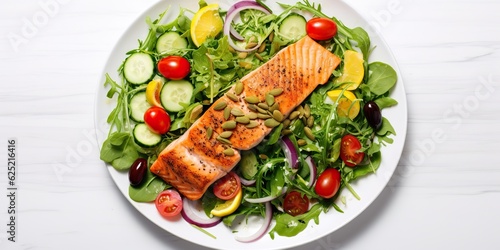AI Generated. AI Generative. Salmon fresh vegetables salad. Dinner food meal cuisine photo illustration view