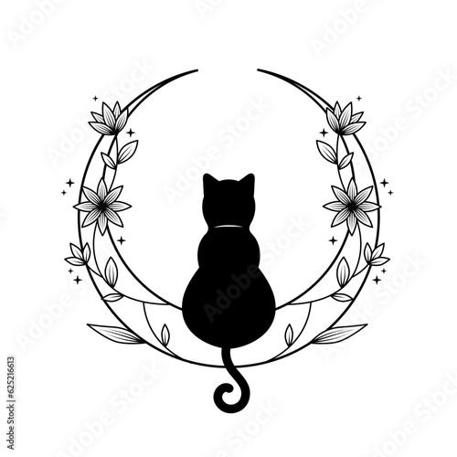 monochrome floral cat moon logo design