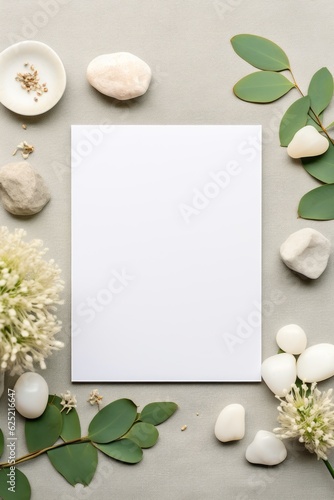 Elegant Floral Paper Mockup: Light Grey Background with Fine and Delicate Floral Elements, Stones, and Branches
