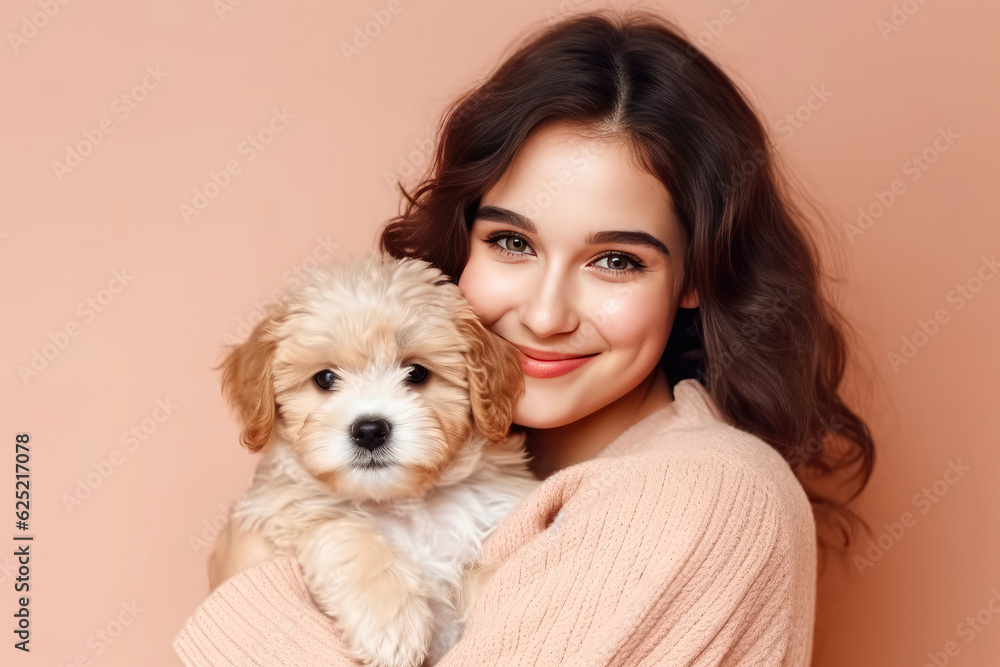 Portrait of female with her cat isolated on pink background , Copy Space , Pet Care Concept , Created with Generative Ai Technology Portrait of female with her cat isolated on pink background , Copy Space , Pet Care Concept , Created with Generative Ai Technology