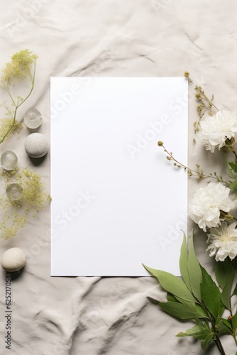 Organic Floral Paper Mockup  Light Fabric Texture Background with Elements of Nature and Delicate Flowers  Adorned with Pebbles