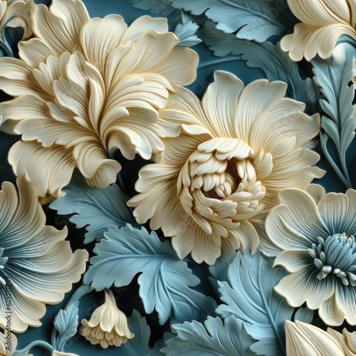Blue and grey 3d flower design seamless background, AI generative.