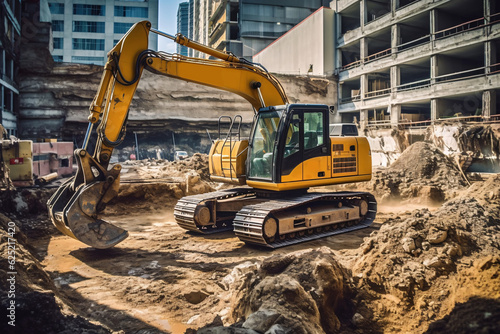 Excavator working on a construction site. Heavy duty construction equipment at work.Generative AI technology.