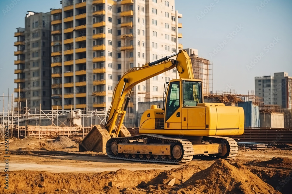 Excavator working on a construction site. Heavy duty construction equipment at work.Generative AI technology. Excavator working on a construction site. Heavy duty construction equipment at work.Generative AI technology.
