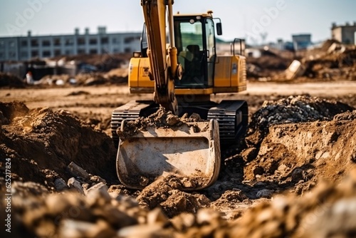 Excavator working on a construction site. Heavy duty construction equipment at work.Generative AI technology.