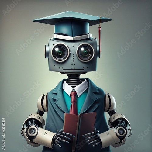 Robot dressed as a graduate student with a graduation hat (mortarboard)