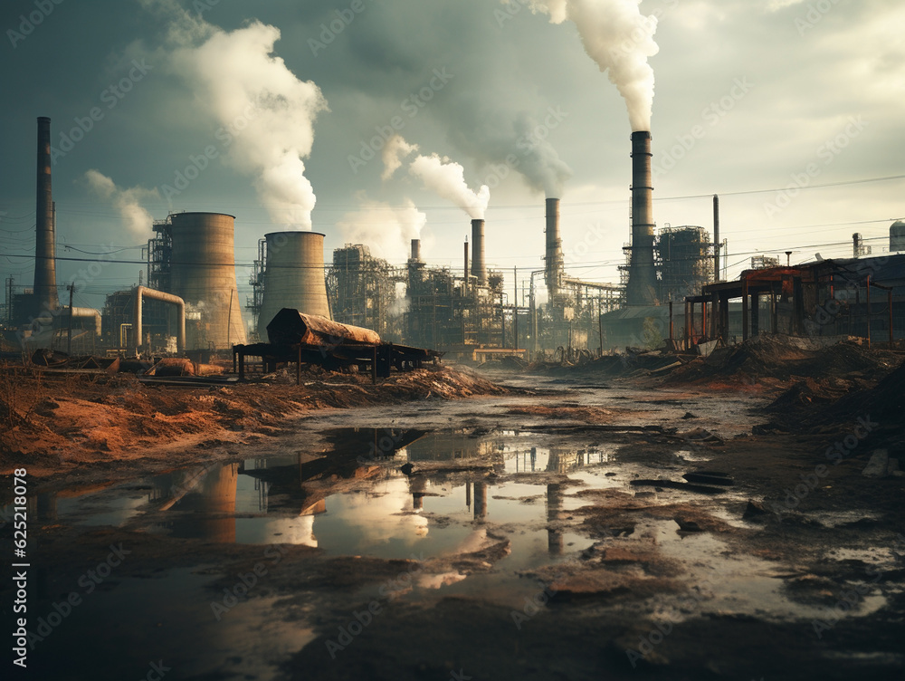 Dark smoking chimneys of factories in a dirty ruined city with poor ecology, Generative AI, generative artificial intelligence