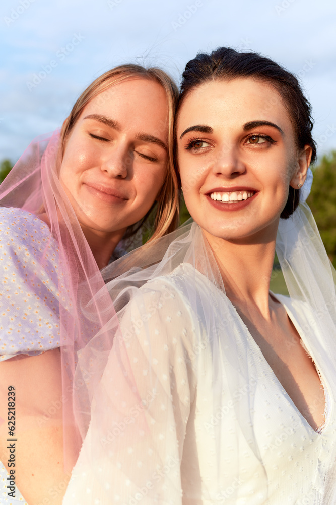Happy charming bride in a white dress with a white veil and a bridesmaid in a light blue dress with pink veil gently hugging and smiling. Cheerful bachelorette party in the summer park. Close up. Happy charming bride in a white dress with a white veil and a bridesmaid in a light blue dress with pink veil gently hugging and smiling. Cheerful bachelorette party in the summer park. Close up.