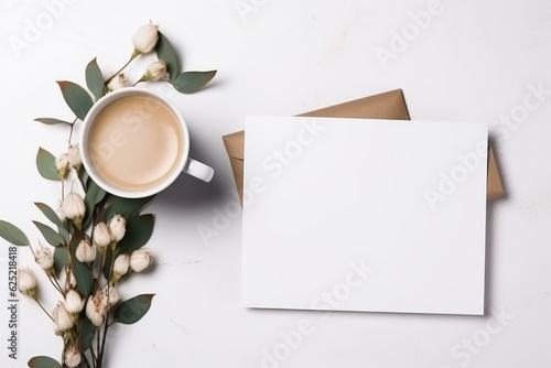  eucalyptus cups and leaves with a cup of coffee on white background mockup