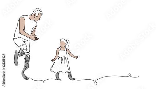 Man and small girl with prosthetic legs, artificial limbs are dancing. One continuous line art drawing of persons with prosthetics. Simple vector illustration of enjoing life with artificial limbs