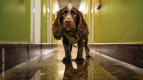 Dog standing in the corridor of the house photo