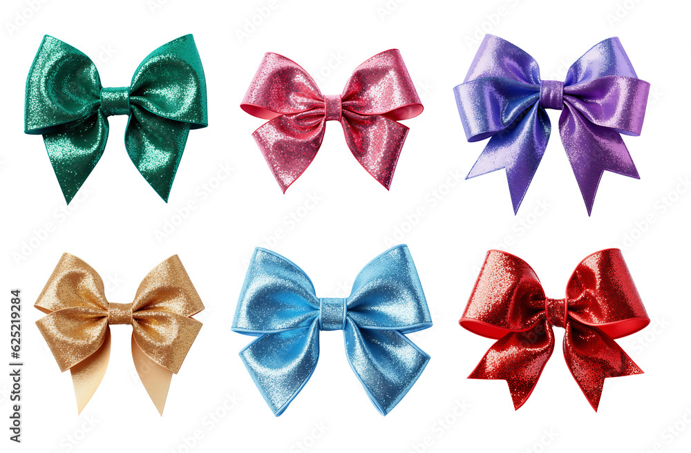 Realistic green sparkly glitter party gift bow decoration against a white background Realistic green sparkly glitter party gift bow decoration against a white background