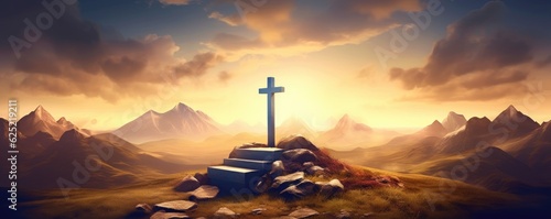 Religious Cross on the Hill with Sunset Scenery