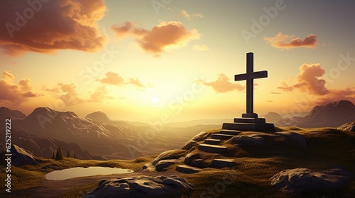 Religious Cross on the Hill with Sunset Scenery