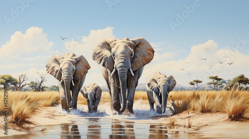  a painting of three elephants walking in the sand near a body of water.  generative ai photo