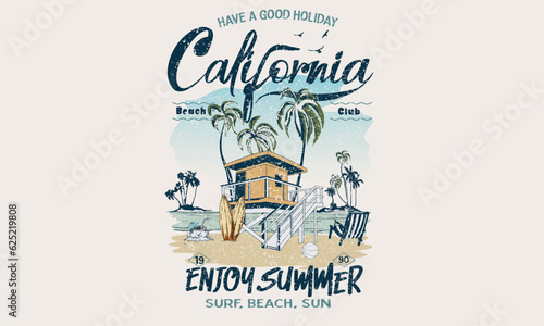 California lifeguard house. Good vibes t-shirt artwork. Palm tree, chair graphic print design. Enjoy summer time vector design. Summer retro graphic print design. Surfing board. Beach paradise. island