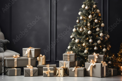 Presents by a festive christmas tree in a modern home