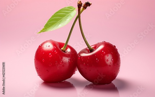 A realistic illustration of cherries with a minimalist design on a light background, Generative Ai