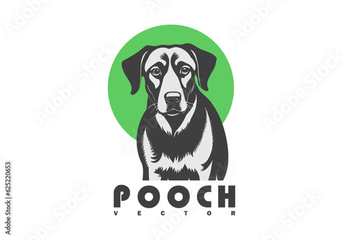 Vector graphic simple portrait of a cute smart friendly pooch dog. Beautiful devoted doggy. Green circle. Logo or sticker. White isolated background.