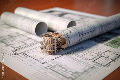 House model with blueprints on desk. Real estate development concept. Generative AI technology.