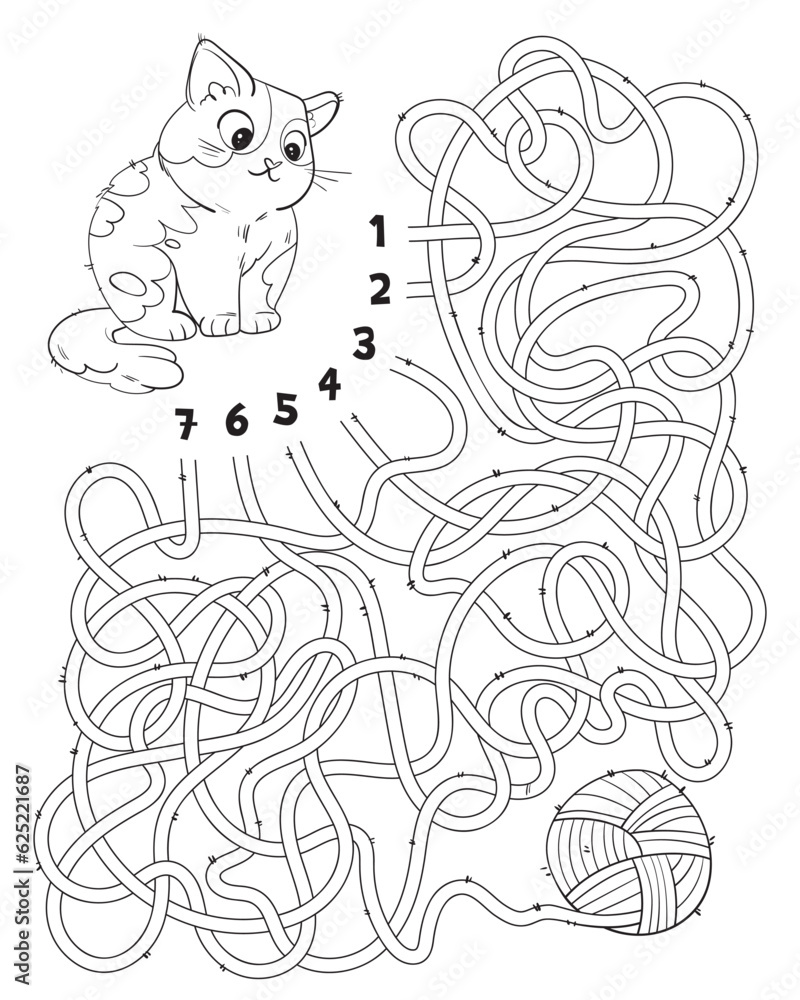 Help cat find the right thread that leads to the ball of wool. Children logic game to pass maze. Educational game for kids. Attention task. Choose right path. Funny cartoon character. Coloring book Help cat find the right thread that leads to the ball of wool. Children logic game to pass maze. Educational game for kids. Attention task. Choose right path. Funny cartoon character. Coloring book