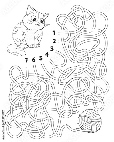 Help cat find the right thread that leads to the ball of wool. Children logic game to pass maze. Educational game for kids. Attention task. Choose right path. Funny cartoon character. Coloring book