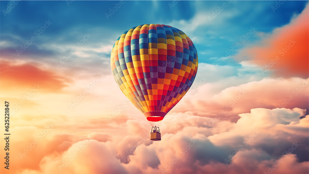 Fototapeta premium Colorful Hot Air Balloon Floating Through The Clouds, Digital Render