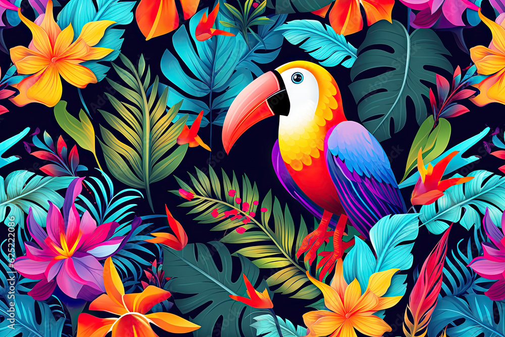 Fototapeta premium colorful parrot in jungle paradise with tropical flowers