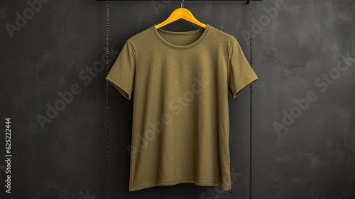 Gold t-shirt on a hanger photo realistic illustration - Generative AI.
