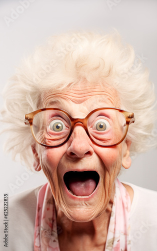 A funny old woman with big eyeglasses has an expression of great astonishment - isolated on background © Giordano Aita