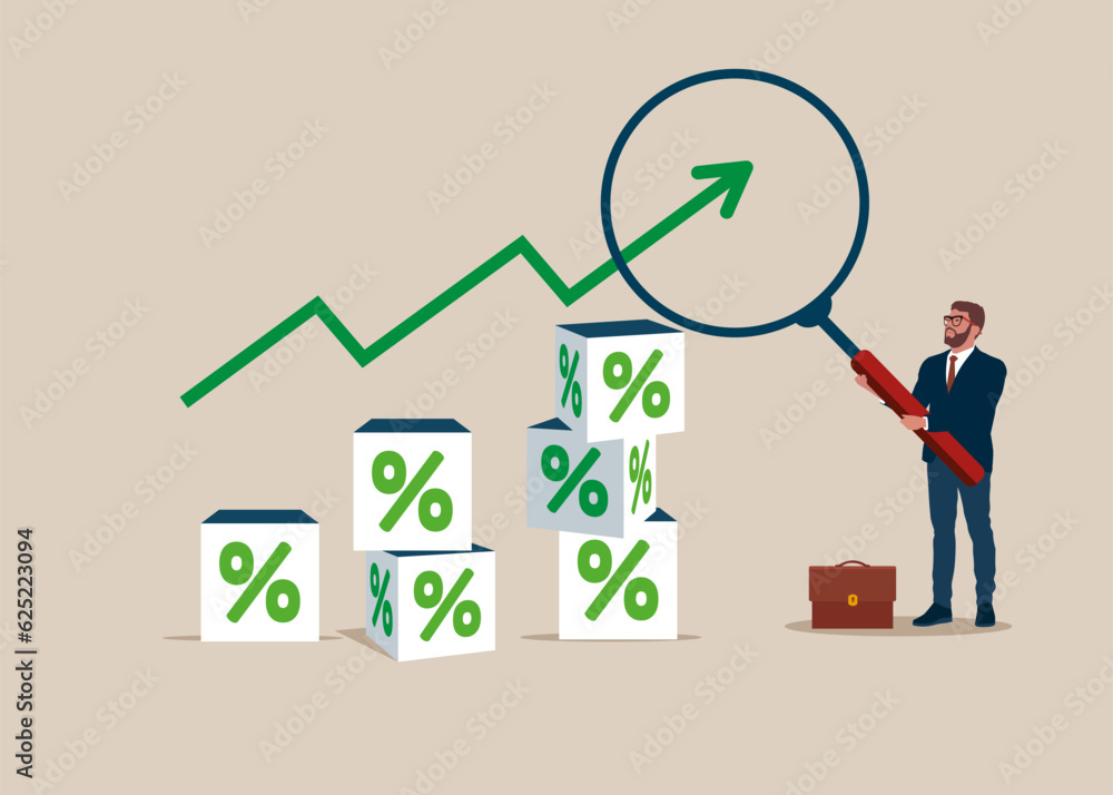 Businessman hold magnifying glass with pile of cube block with percentage symbol icon. Interest rate hike due to inflation percentage rising up. Flat vector illustration. Businessman hold magnifying glass with pile of cube block with percentage symbol icon. Interest rate hike due to inflation percentage rising up. Flat vector illustration.