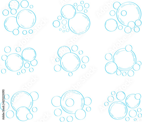 Water bubble in doodle style. Bubbles hand drawn illustration. Line water drops in sketch style. Foam drop, fizz or soda outline.