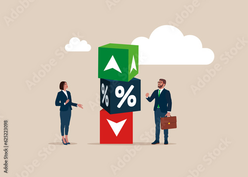 Business team connect cube block with percentage symbol icon. Interest, financial and mortgage rates. Vector illustration