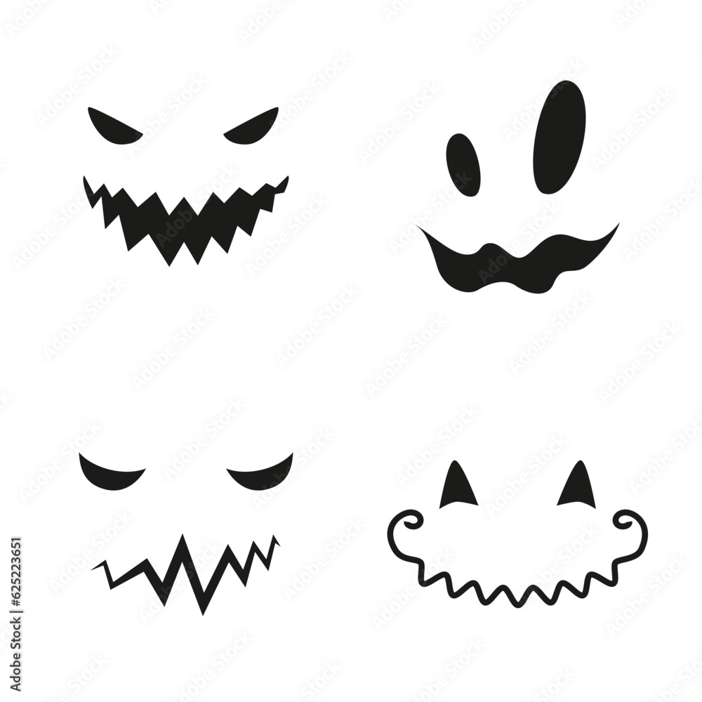 Collection of funny and scary ghost or pumpkin faces for Halloween. Vector illustration isolated on white background Collection of funny and scary ghost or pumpkin faces for Halloween. Vector illustration isolated on white background