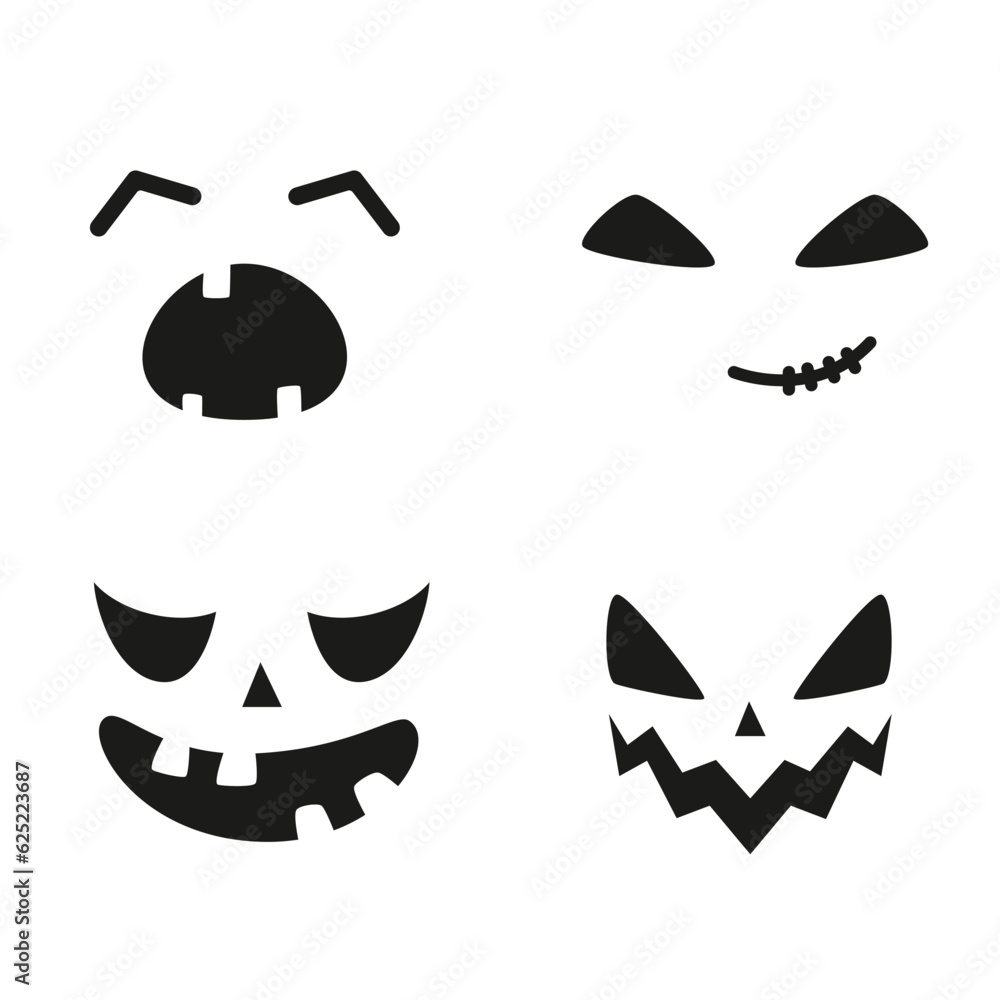 Collection of funny and scary ghost or pumpkin faces for Halloween. Vector illustration isolated on white background Collection of funny and scary ghost or pumpkin faces for Halloween. Vector illustration isolated on white background