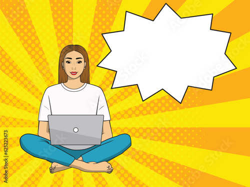 Woman with a laptop on her crossed legs and speech bubble with a place for text. Attractive girl in a pop art style. Vector illustration isolated on white background