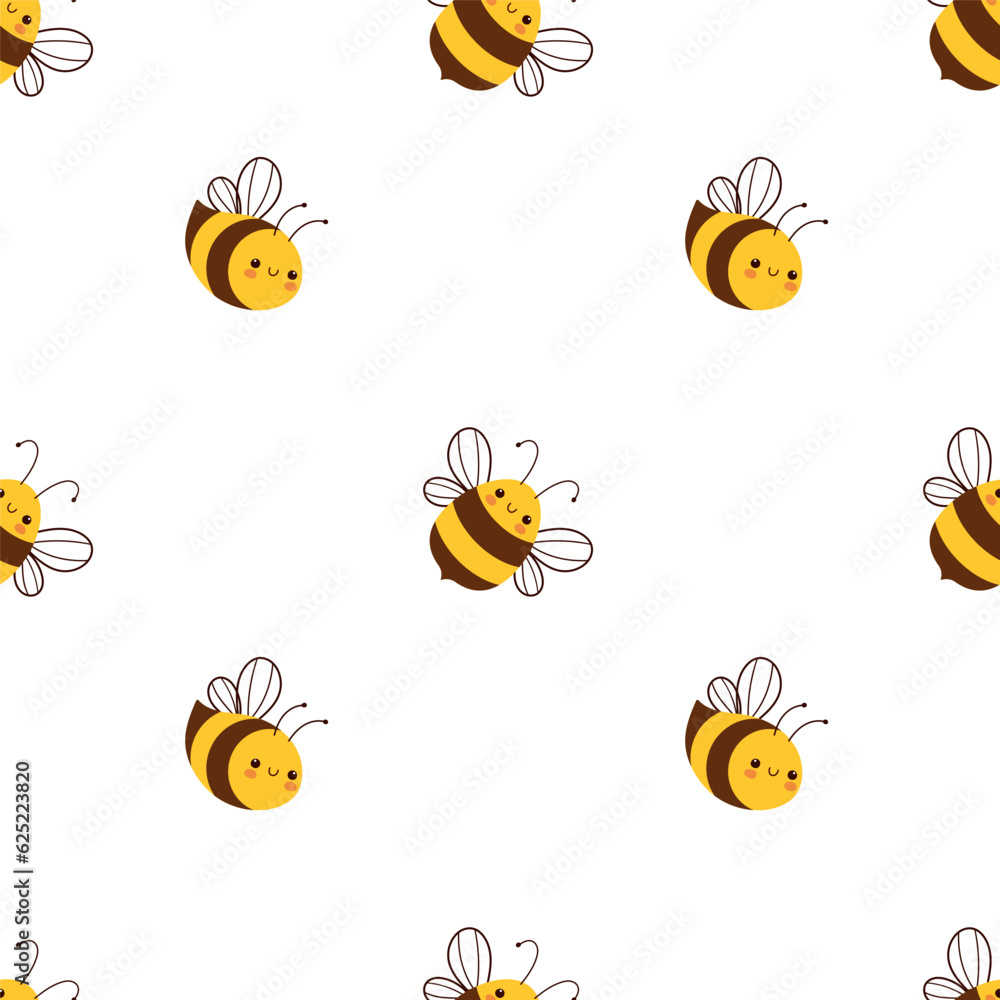 Cute bees seamless pattern. Cute characters in flat cartoon style on white background.